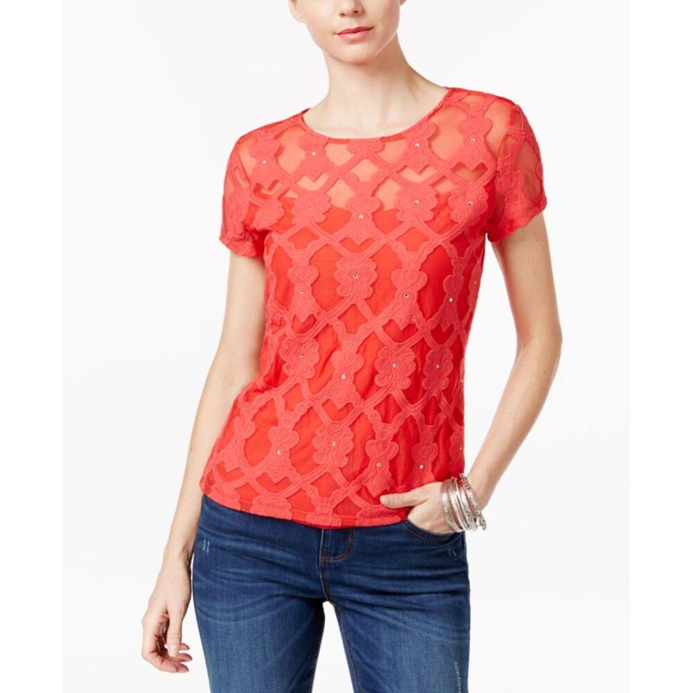 INC International Concepts Petite Embroidered Illusion Top